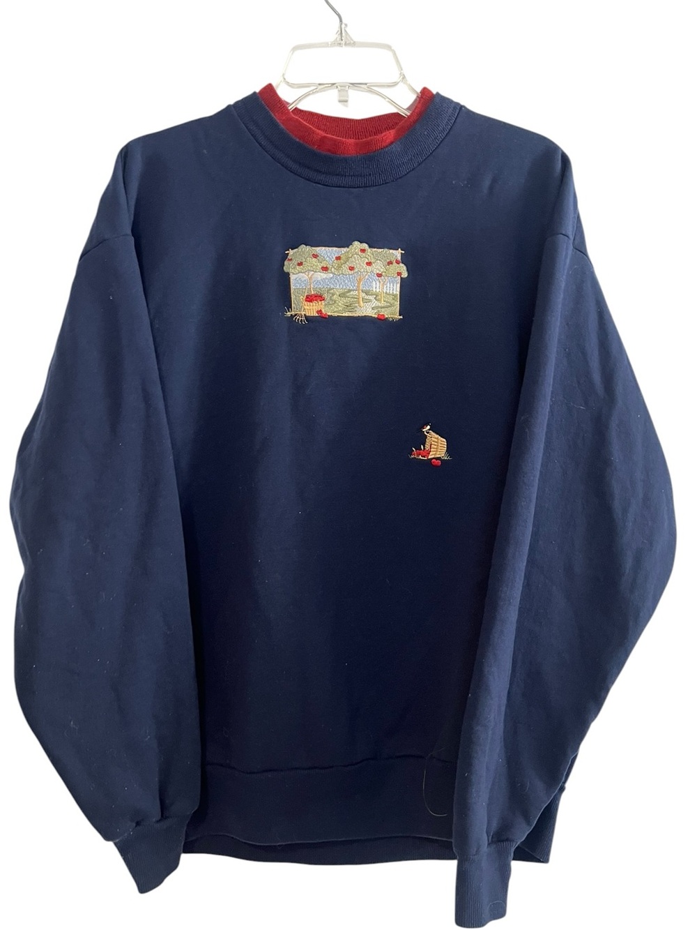 Vintage Top Stitch by Morning Sun Embroidered Apple House Sweatshirt Navy Blue